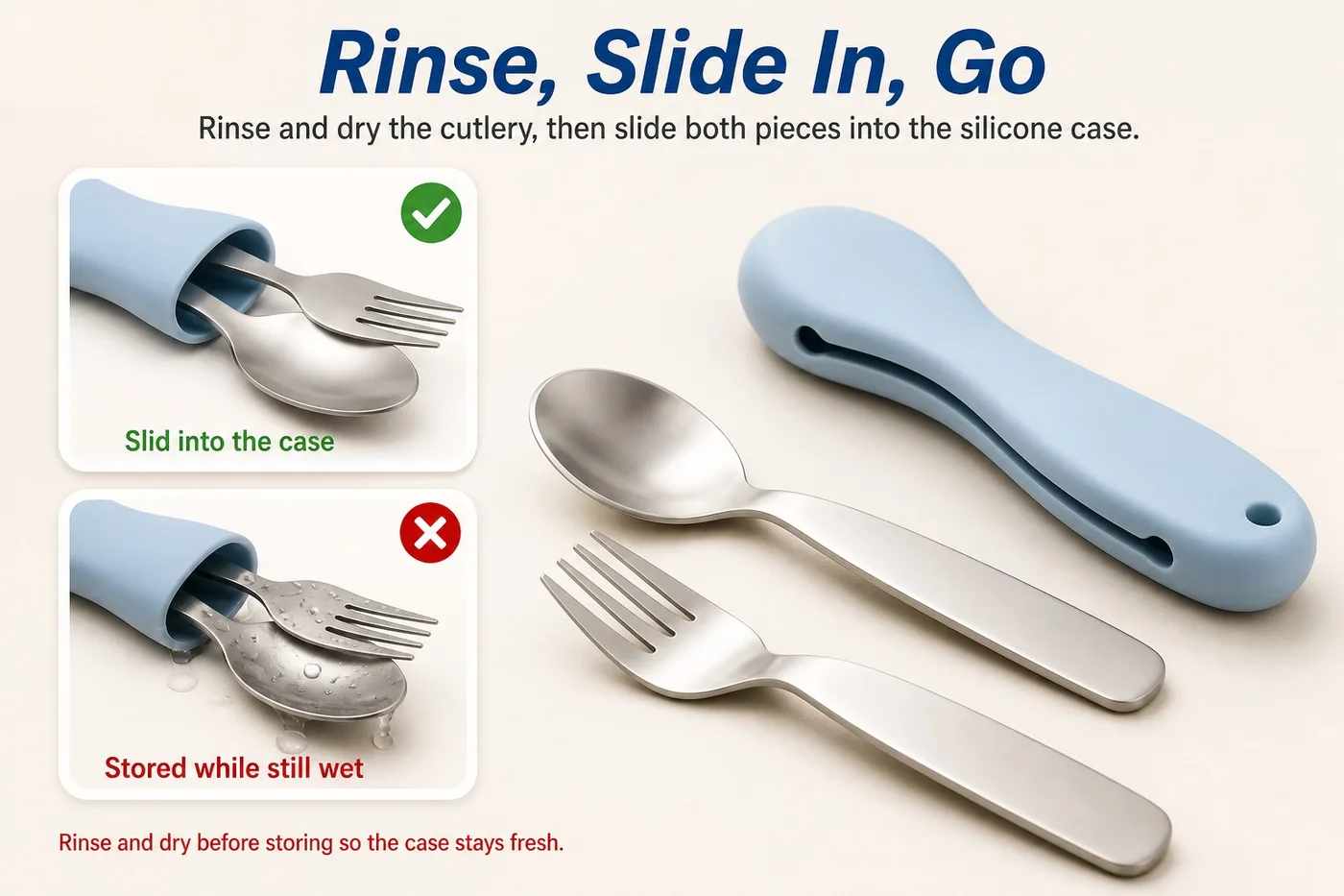 Silicone Handle Baby Spoons and Forks Set - Stainless Steel - detail view 4