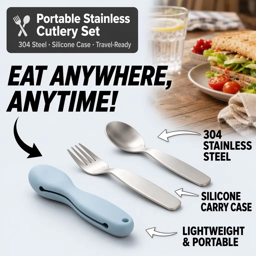 Silicone Handle Baby Spoons and Forks Set - Stainless Steel - main product image