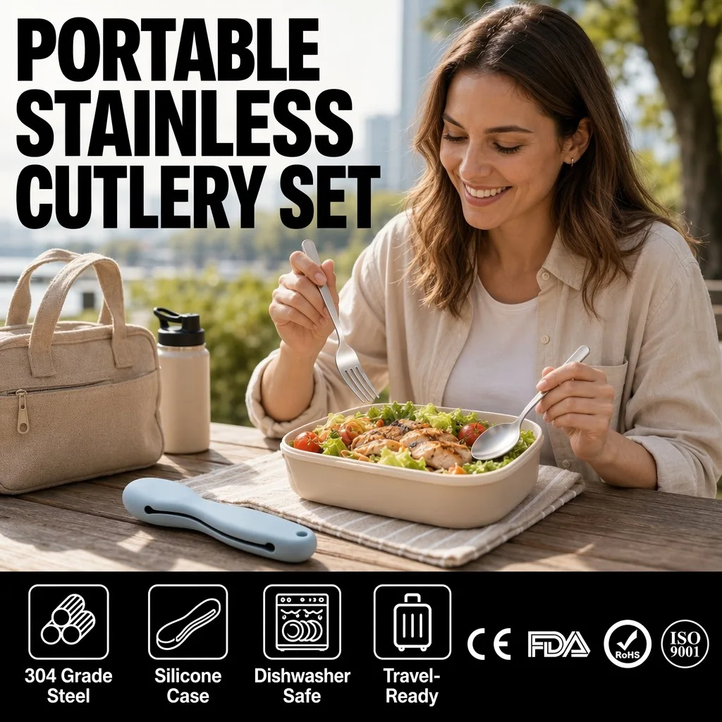 Silicone Handle Baby Spoons and Forks Set - Stainless Steel - detail view 1