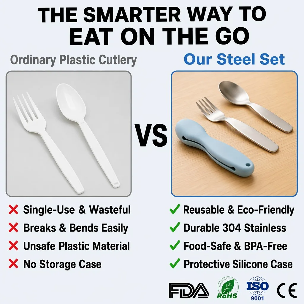 Silicone Handle Baby Spoons and Forks Set - Stainless Steel - detail view 2
