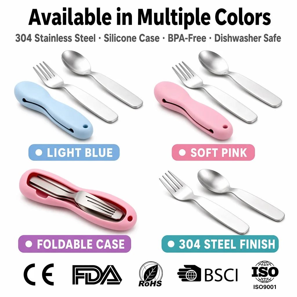 Silicone Handle Baby Spoons and Forks Set - Stainless Steel - detail view 3
